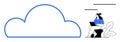 Cloud Computing Concept with Woman Working on Laptop, Minimalistic Outline Style Royalty Free Stock Photo