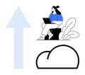 Cloud Computing Concept with Woman Working on Laptop and Upward Arrow Illustration Royalty Free Stock Photo