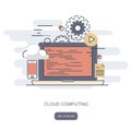 Cloud computing concept. Work desk with computer technology, cell phones and tablets. Flat vector