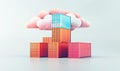 Cloud computing and container technology concept with vibrant shipping containers stacked and surrounded by a cloud