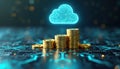 Cloud computing cost efficiency concept. Gold coins stack with cloud symbol, representing savings, resource optimization, Royalty Free Stock Photo