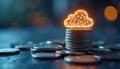 Cloud computing cost efficiency savings. Stacked coins with glowing cloud symbol. Automation performance management, resource Royalty Free Stock Photo