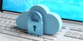 Cloud computing and cyber security, data protective shield. Blue cloud and padlock on a computer. 3d illustration Royalty Free Stock Photo