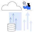 Cloud Computing and Data Analysis Concept with Database, Growth Arrows, and User Magnifying Data Royalty Free Stock Photo