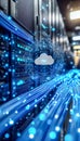 Cloud computing data center with digital data streams and network infrastructure Royalty Free Stock Photo