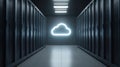 Cloud computing data center with glowing digital symbol inside server racks corridor representing global network Royalty Free Stock Photo