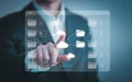 Cloud computing data management concept with businessman touching interface Royalty Free Stock Photo