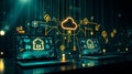 Cloud computing and data network visualization. Two laptops display interconnected cloud storage systems, illustrating data Royalty Free Stock Photo