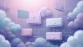 Cloud computing data privacy concept. Pastel clouds, locked data blocks connected by lines. Secure information transfer in modern Royalty Free Stock Photo