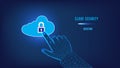 Cloud Computing Data Security Concept. Clicking on cloud computing data storage with padlock. Hand from triangles and points on
