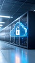 Cloud computing data security concept with server racks and illuminated cloud icon Royalty Free Stock Photo