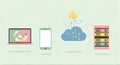 Cloud Computing, Data Server, Laptop, and Smartphone Tech Icons on Light Green Background Royalty Free Stock Photo