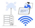 Cloud Computing Concept with Data Servers, Digital Devices, and Wireless Network Connectivity Royalty Free Stock Photo