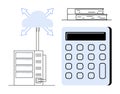 Cloud Computing, Data Storage, and Analytical Tools Represented with Server, Cloud, and Calculator Royalty Free Stock Photo
