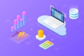 Cloud computing Data storage technology Isometric Flat vector illustration. Connect with Laptop Computer to Stats Analyse