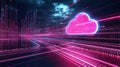 Cloud Computing and Data Streaming Abstract Cityscape with Neon Lights and Digital Cloud Symbol