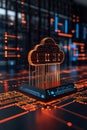 Cloud Computing And Data Streaming Abstract Glowing Cloud With Data Streams Above Circuit Board