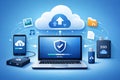 Cloud computing and data synchronization with laptop and devices Royalty Free Stock Photo