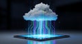 Cloud Computing Data Transfer to Tablet with Binary Code and Glowing Lines Royalty Free Stock Photo