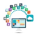 Cloud computing. Desktop computer with web icons vector illustration. Royalty Free Stock Photo