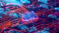 Cloud computing diagram network data storage technology service on structure circuit computer. Locked, Cyber security. Royalty Free Stock Photo