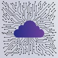 cloud computing and digital connectivity circuit board background with purple cloud icon and radiating black data lines for Royalty Free Stock Photo