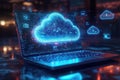Cloud Computing and Digital Innovation. A laptop showcasing cloud technology with vibrant holographic elements. Royalty Free Stock Photo