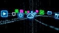 Cloud Computing and Digital Technology Icons Over Data Network, Software Services, AI, Big Data, Cyber Interface Royalty Free Stock Photo