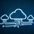 Cloud computing depiction with binary code, glowing blue clouds, deep blue background Royalty Free Stock Photo