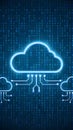 Cloud computing depiction with binary code, glowing blue clouds, deep blue background Royalty Free Stock Photo