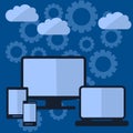 Cloud Computing Elements Concept. Devices connected to the cloud with Gears. Flat Illustration. Royalty Free Stock Photo