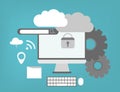 Cloud Computing Elements Concept. Devices connected to the cloud with Gears. Flat Illustration. Royalty Free Stock Photo