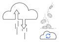 Cloud Data Exchange and Financial Transactions Concept with Arrows and Coins Royalty Free Stock Photo