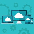 Cloud computing. Flat design illustration of laptop, desktop computer, tablet and smart phone with cloud icon. Royalty Free Stock Photo