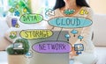 Cloud computing flowchart with woman using her laptop Royalty Free Stock Photo