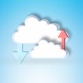 Cloud computing, graphic and arrow for download for data science, information technology and art on blue background