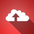 Cloud computing, graphic and arrow with upload icon for data, information technology and art on red background
