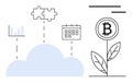 Cloud Computing with Growth and Bitcoin Symbol Calendar, Graph, and Puzzle Piece Elements Royalty Free Stock Photo