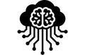 Cloud computing icon with brain and circuit lines, black and white AI technology symbol for Royalty Free Stock Photo