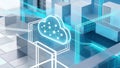 Cloud Computing Icon with Glowing Network Nodes Over Digital Data Center Architecture Royalty Free Stock Photo