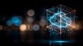 Cloud computing icon inside a wireframe cube representing secure data storage infrastructure. Royalty Free Stock Photo