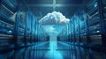 Cloud computing infrastructure with rows servers glowing cloud in center, hardware binary code software