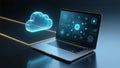 Cloud Computing Interface Displayed on a Laptop with Futuristic Tech Elements Royalty Free Stock Photo