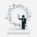 Cloud Computing and Internet of Things Design Concept with a Standing Business Man Holding a Mobile, Icons Around Royalty Free Stock Photo