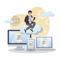 Cloud Computing. Isolated flat style colored illustration. Cloud storage, online base, marketing solution. A man is