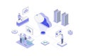 Cloud computing isometric concept in outline isometry design for web. People using online data storage platform, uploading files Royalty Free Stock Photo