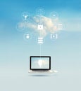 Cloud computing, Laptop floating with icon network connection Royalty Free Stock Photo