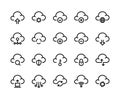 Cloud computing line icons. Network data transfer download sync and upload, internet platform. Vector cloud technology