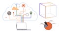 Cloud-driven data visualization with connected laptop, pie chart, and 3D cube elements Royalty Free Stock Photo