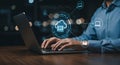 Cloud Computing Man on Laptop Connecting to Cloud Network. Data Management, Security, and Tech Solutions. Fast, Secure Access